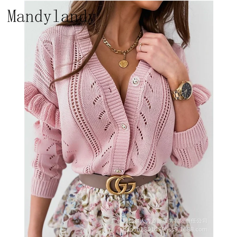 

Женский элегантный ажурный вязаный свитер Mandylandy, кардиган, топ, женская сексуальная модная однобортная трикотажная одежда с длинным рукаво...