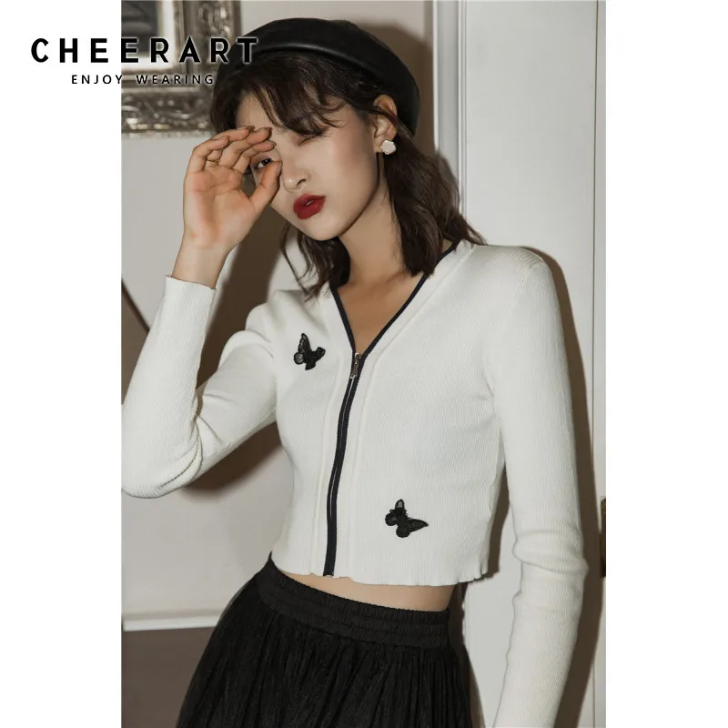 Женский Укороченный кардиган CHEERART белый вязаный свитер с v образным вырезом