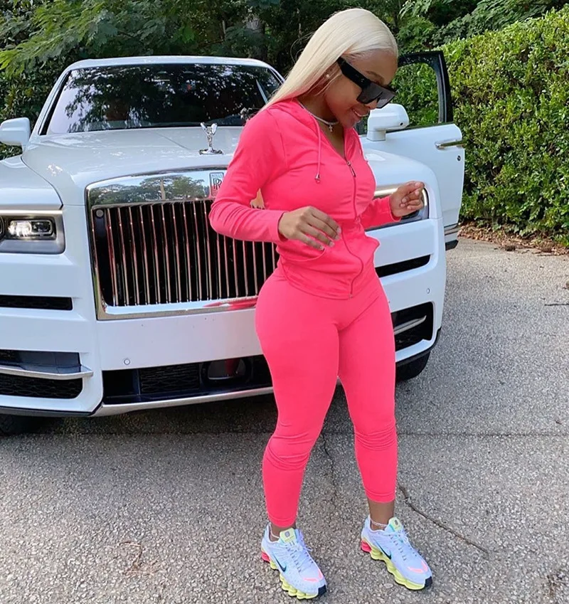 

Hot Sale Autumn Two Piece Set Women Long Sleeve Hooded Zipper Pocket Sporty Jackets and leggings Matching Sets Outfits