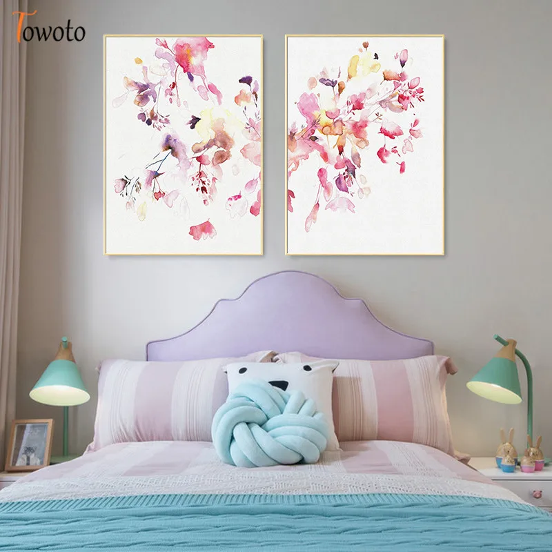Pink Flower Watercolor Wall Art Living Room Minimalism Home Poster Print Plant Blossom Canvas Painting Decoration Picture Decor | Дом и сад
