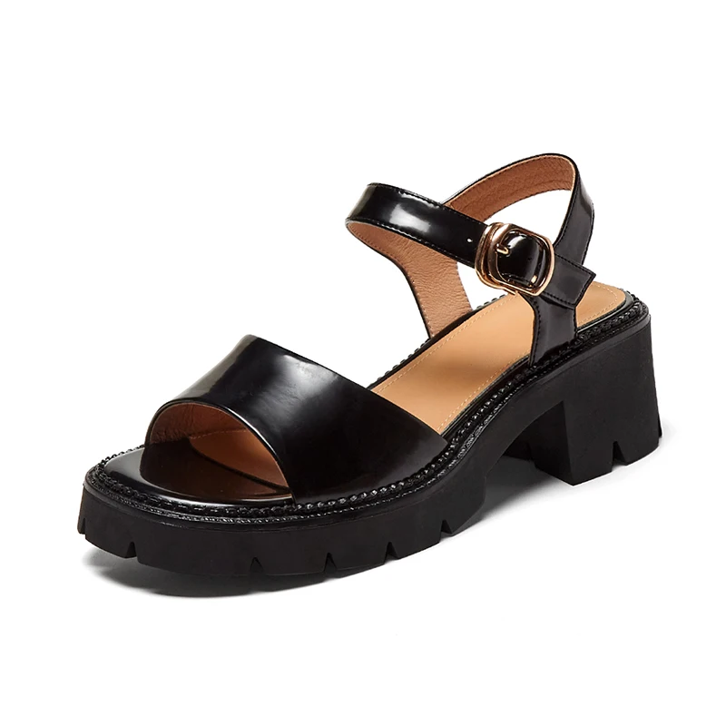 

2021 New Genuine Leather Sandals Women Square High Heels Party Shoes Summer Fashion Platform Ladies Leather Gladiator Sandals