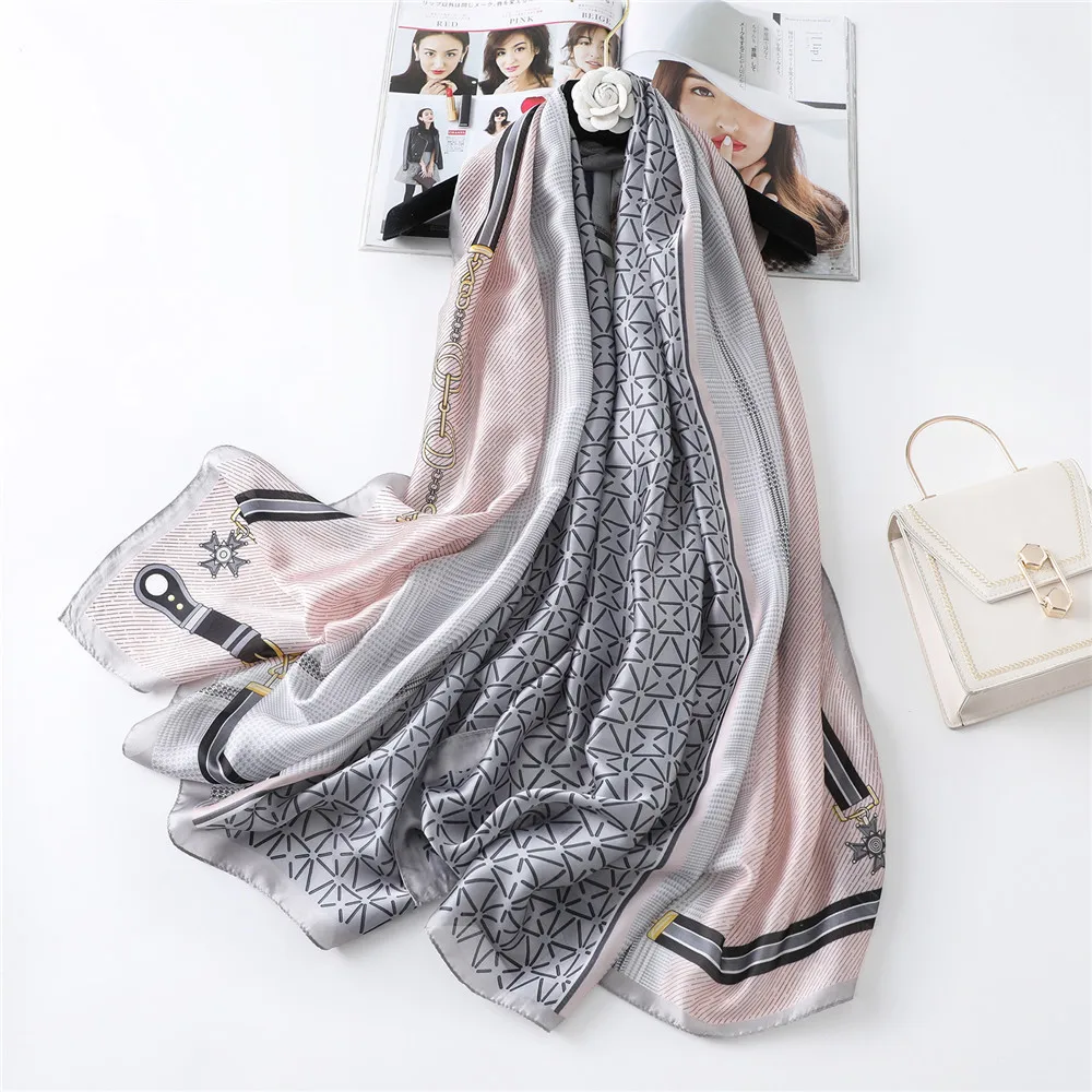 

Spring Summer New Elegant Soft Silk Scarf Chain Print Women Scarf Ladies Long Temperament Sunscreen Shawl 5 colors