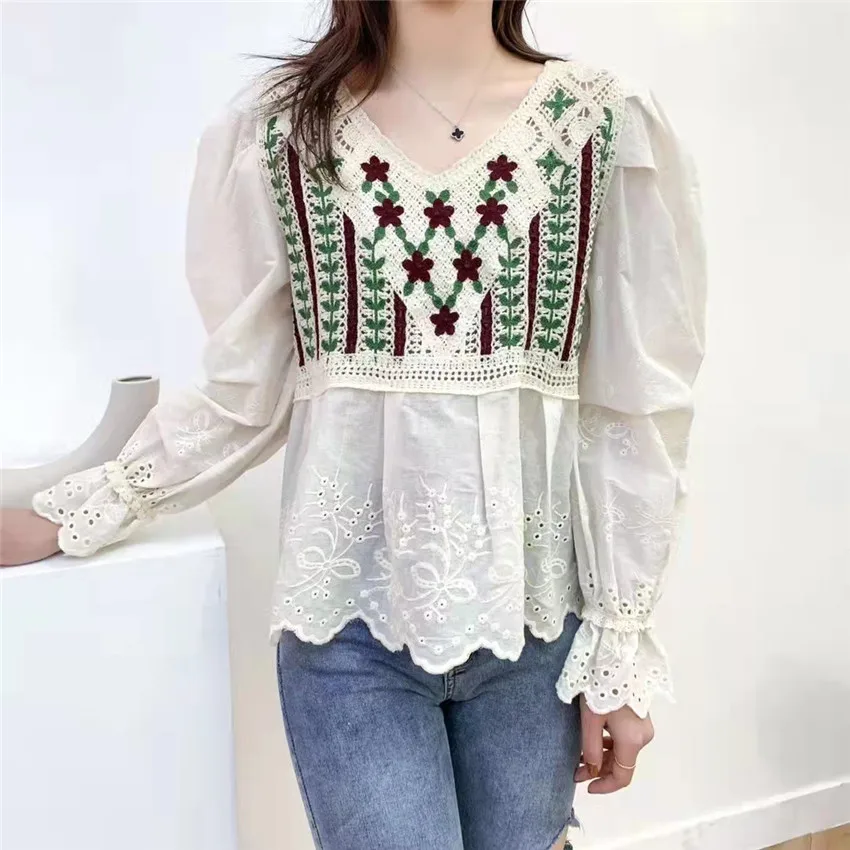 

Designer Puff Sleeve Cotton Shirt Women Boho Retro Embroidery Blouse Spring Autumn Casual Shirts Lady Blusa Feminina