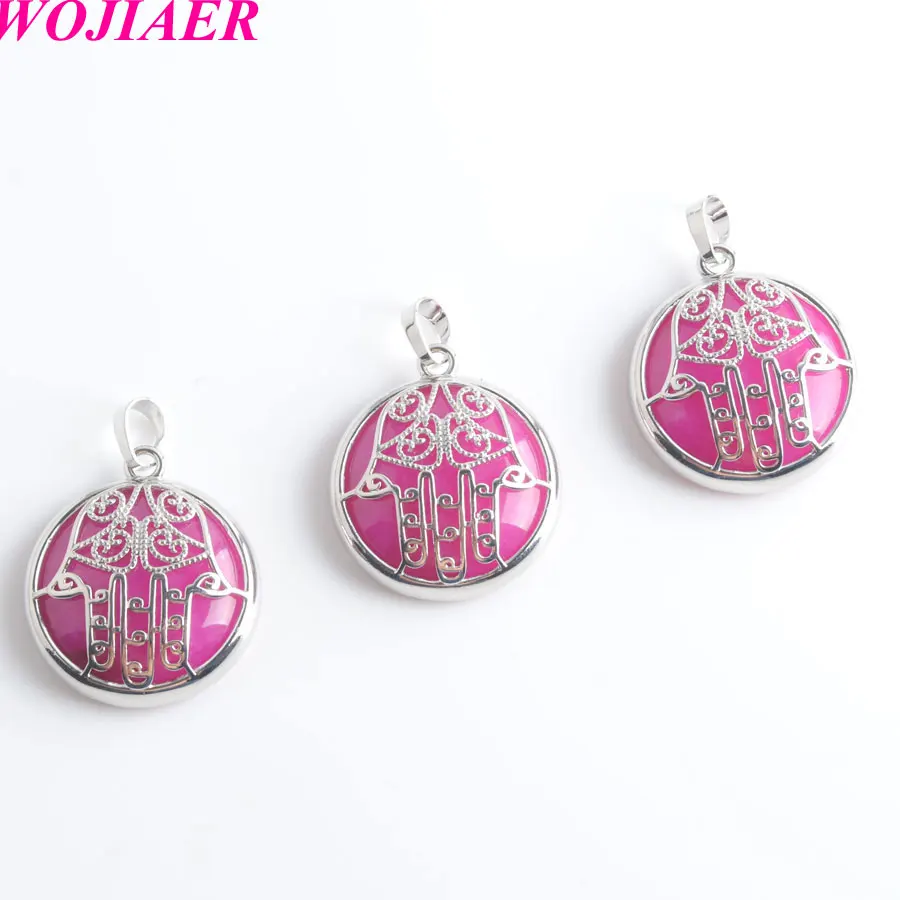 

WOJIAER Natural Stone Cabochon Crystal Pendants Rose Red Agates Fatima Hamsa Hand Amulet Silver-color Charm Jewelry PW9029