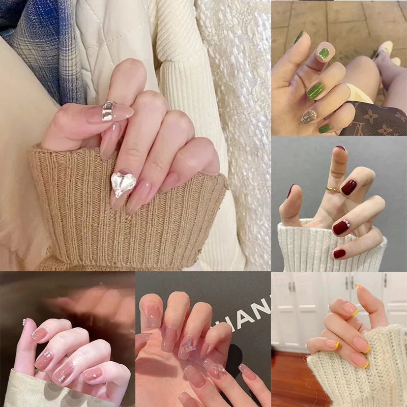 

24Pcs Short Nail Art Fake Nails Bow-knot Pearl Press on Tips False with Glue Coffin Stick Butterfly Designs Square Nail Z1052