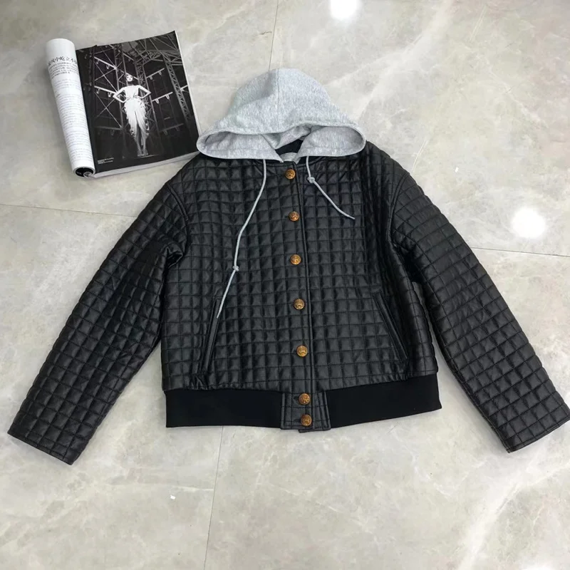 

Куртка SHZQ женская из натуральной кожи, модное пальто со съемным капюшоном, верхняя одежда со стразами и сетчатым узором, весна-осень