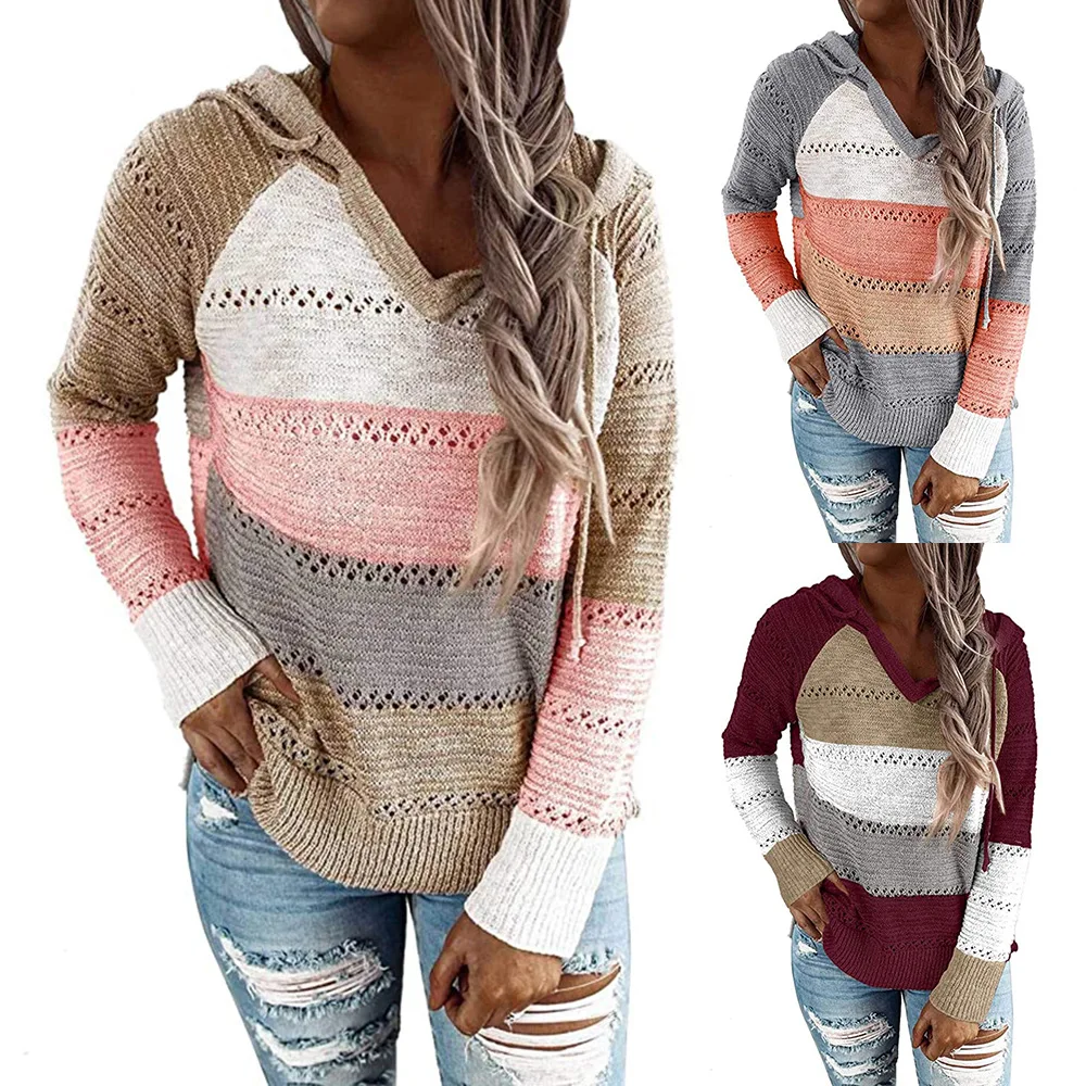 

Ladies Knitted Hooded Color-blocking Hollow Out Sweater Female Long Sleeve Loose Stripe Drawstring Knitted Sweater Sueter Mujer