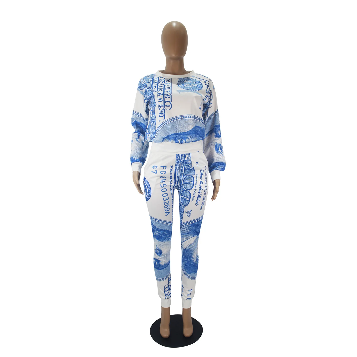 

Casual Money Printed Two Piece Set Us Dollar Long Sleeve Top and Pants Women Autumn Spring Tracksuit Jogging Sportswear Suit
