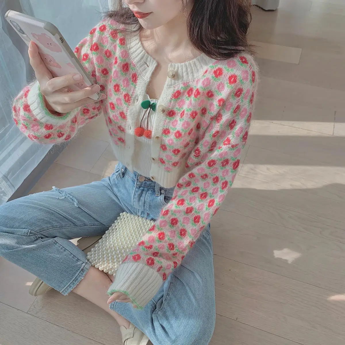 

Xiaolu custom small flower short knitted cardigan 2021 new sweater coat small children's top