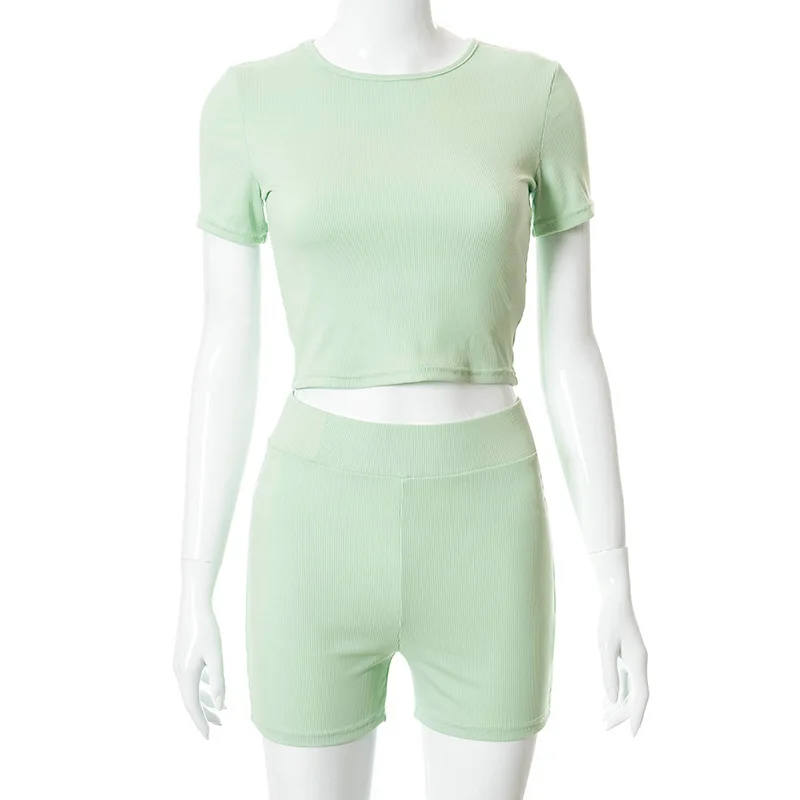 

CIGGANTFUL Fashion Women Summer Solid Color Short Sleeve T Shirt Sports Shorts Suit Casual Crop Top Two Piece Tracksuits Set
