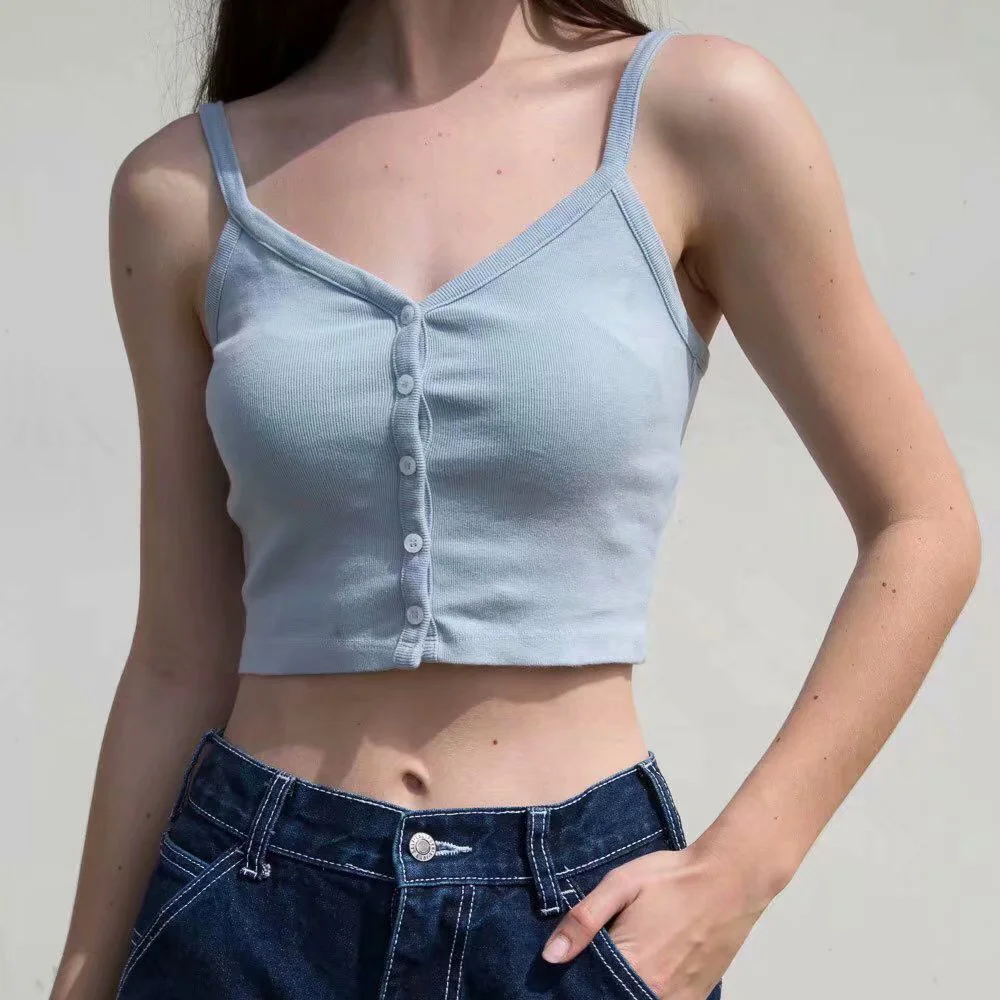 

Sexy Knitted Backless Tanks Women Sleeveless Spaghetti Strap Cropped Tops Camisole 2021 Summer Slim Button Ribbed Camis Clothes