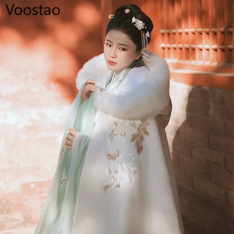 Осенне зимняя женская накидка Hanfu в китайском стиле с капюшоном и цветочной