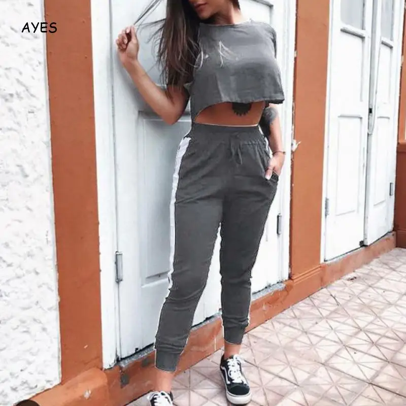 

Women 2020 Tracksuit 2 Piece Set Suits Crop Top Pants Set Short Sleeve Jogging Sweat Pants Gray Pink Two Piece Womens Outfits
