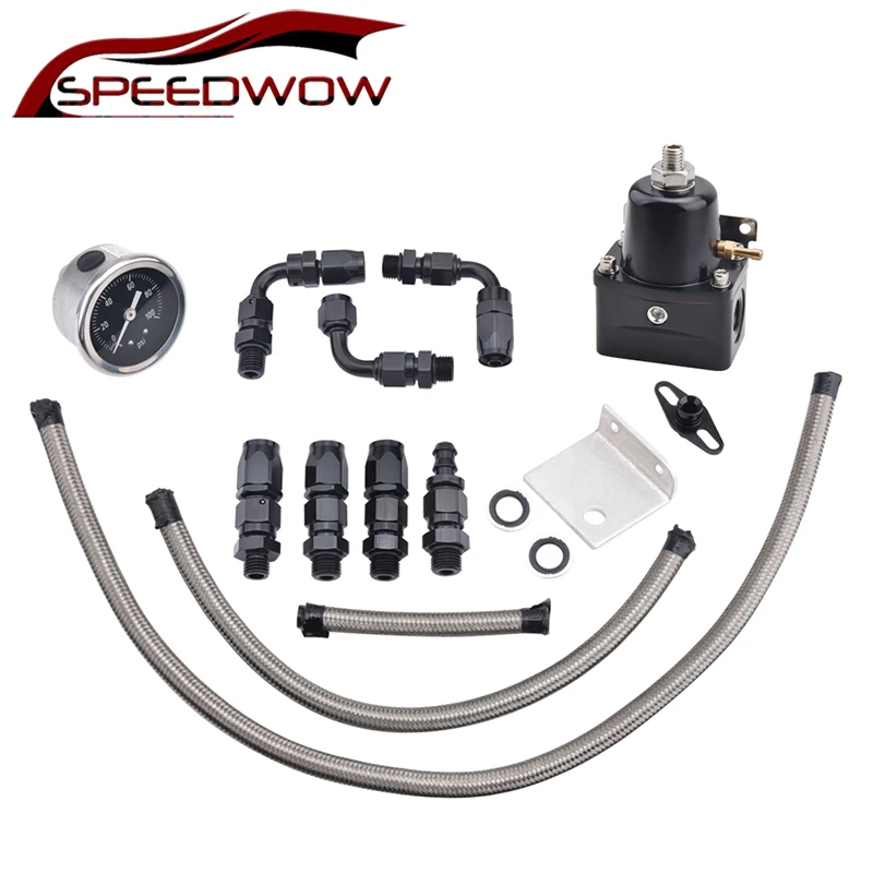 

SPEEDWOW Adjustable Fuel Regulator Universal Fuel Pressure Regulator Gauge Kit Fitting AN6 Oil Fuel Hose+Hose End Fit Adapter