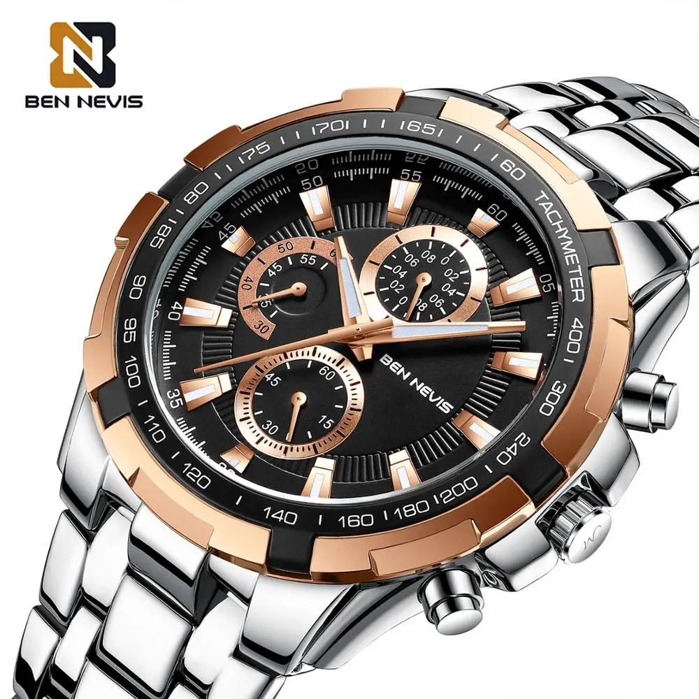 

BEN NEVIS Sport Watches for Men Silver Stainless Steel Quartz Movement Calendar Daily Waterproof Big Dial RelÃ³gio Masculino