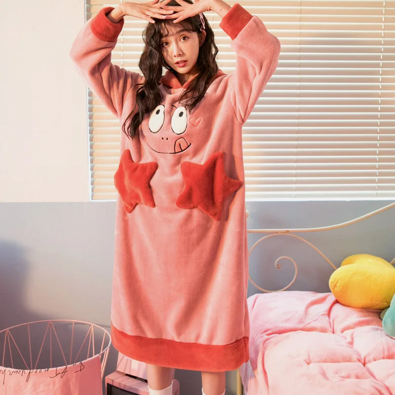 Winter Thick Warm Female Coral Fleece Nightdress Robe Cartoon Cute Animal Nightgown 2020 Lady dress hooded loungewear Sleepwear | Женская