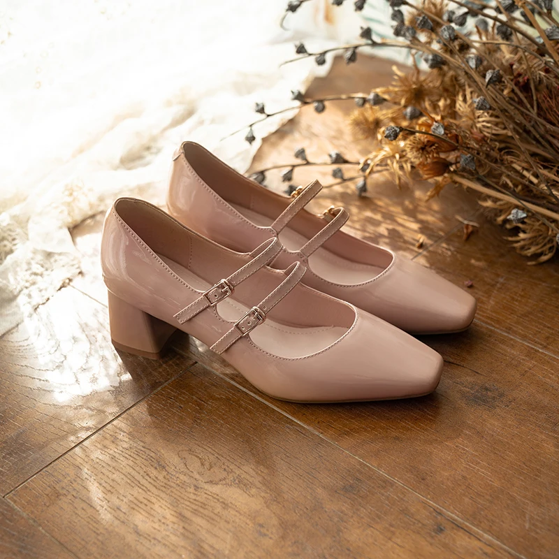 

Retro Concise Elegant Women Pumps New Genuine Leather Square Toe Mary Janes High Heels Casual Spring Summer Shoes Woman