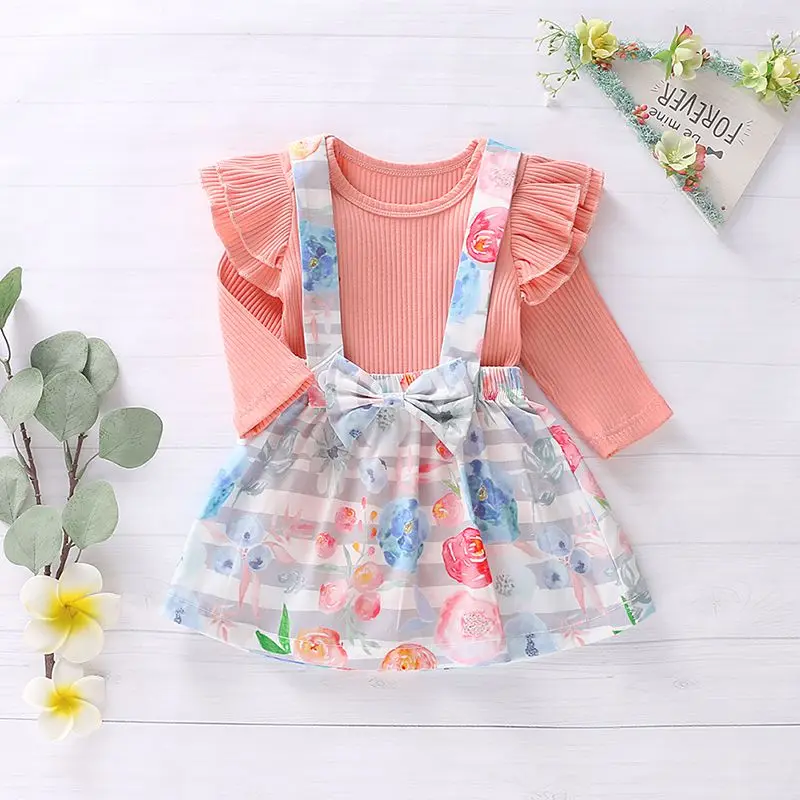 Новая осенняя одежда с цветочным принтом для маленьких девочек ремешок