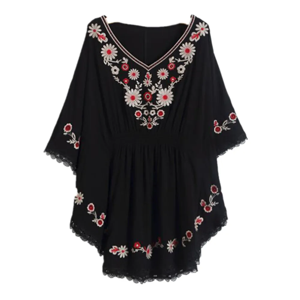 Черные мексиканские блузки женская рубашка с цветочной вышивкой Мешковатые