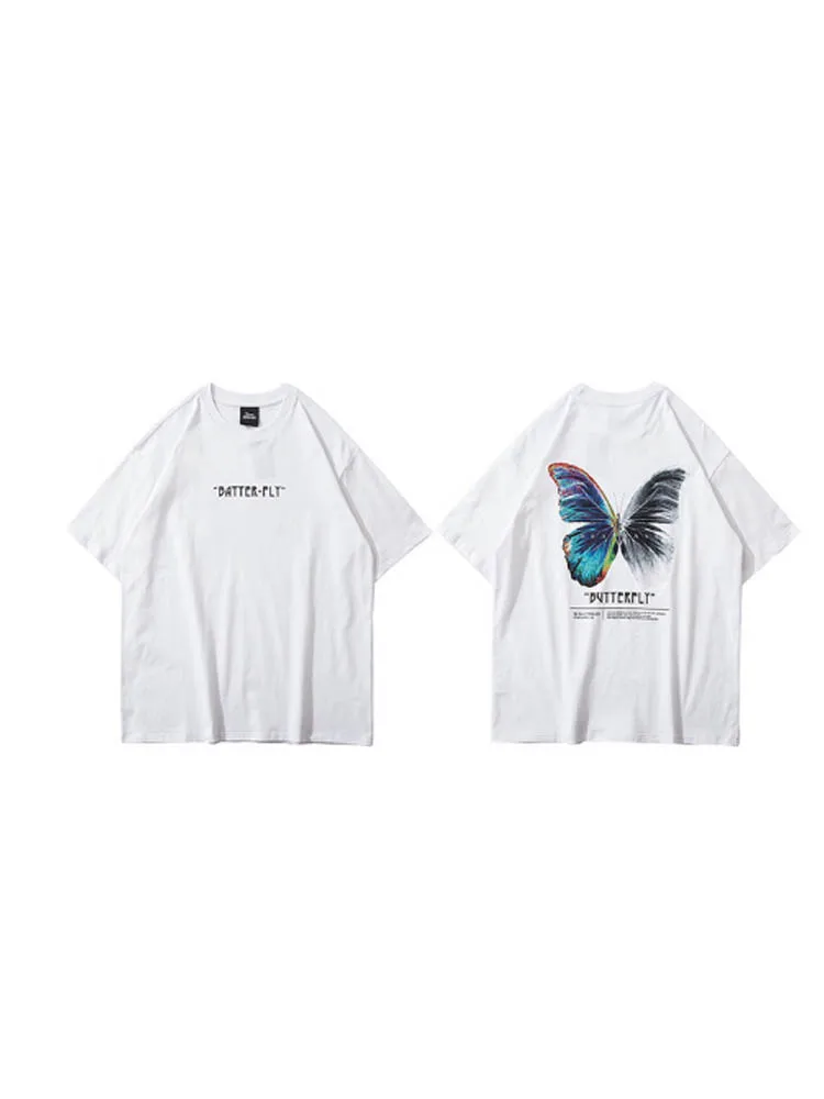 

2021 Streetwear Harajuku Color Butterfly Tshirt Short Sleeve Cotton Loose HipHop T-Shirt Plus Size