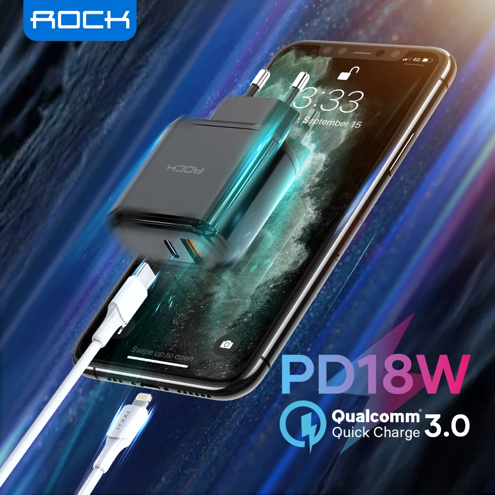 Сетевое зарядное устройство ROCK 18 Вт для iPhone 12 11 Pro Max с цифровым дисплеем 2 порта QC3.0