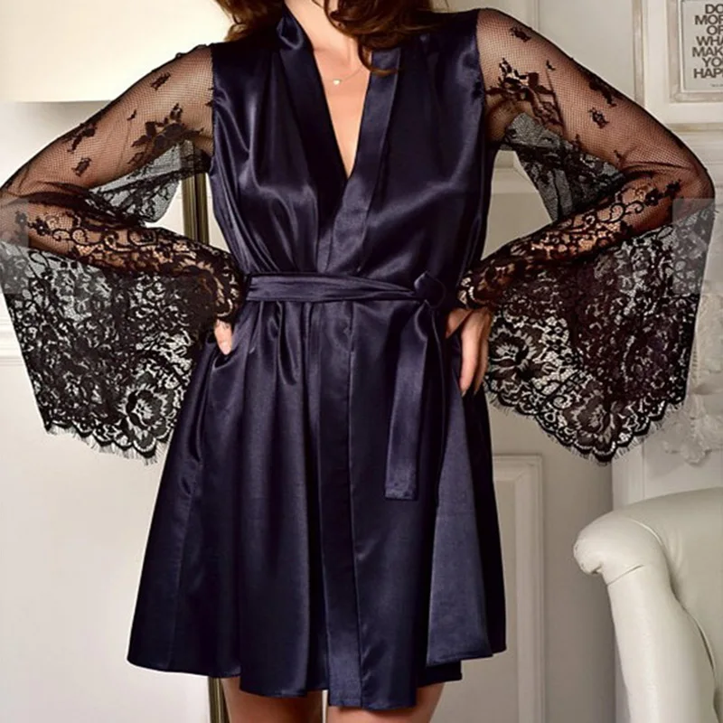 Modern Women Sexy Lingerie Robe Lace Long Sleeve Bathrobes Lady Belt Tunic Sleepwear Night Dress Loose Nightgown Robes | Женская одежда