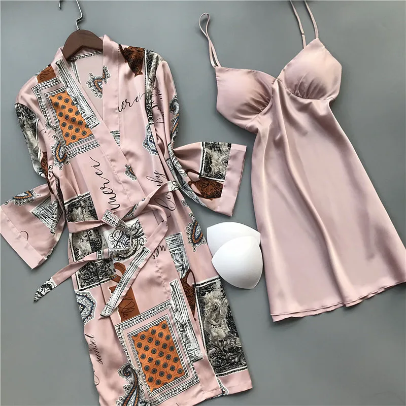 

Red Print 2pcs Robe Set Female Nightwear Kimono Bathrobe Gown Satin Intimate Lingerie Spring Casual Summer New Home Clothing