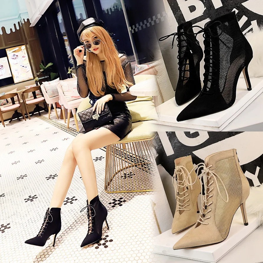 Женские сетчатые короткие ботинки с острым носком новинка 19 летние и осенние