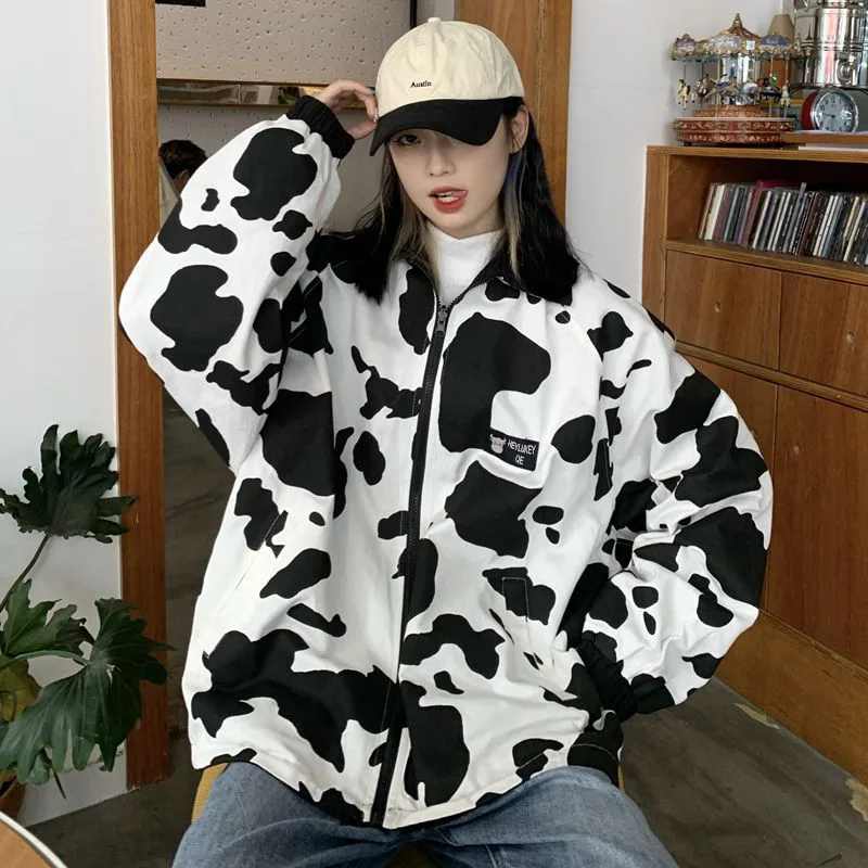 

Harajuku Tooling Streetwear Keep Warm Vintage Color Contrast Cow Printing Double-sided Zipper Jacket Coat Oversize Outerweat