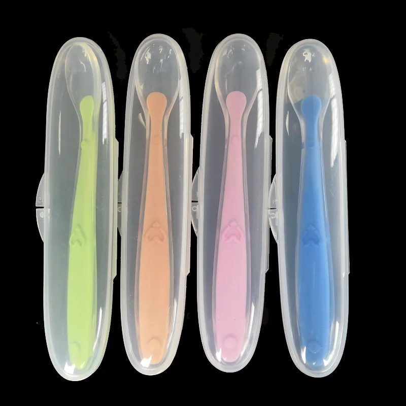 Cuchara de alimentaci&oacute;n para beb&eacute; con caja de almacenamiento, cucharilla antideslizante de entrenamiento para beb&eacute;, cucharilla de silicona de grado alimenticio, vajilla de alimentaci&oacute;n para beb&eacute;, 1 ud.-2