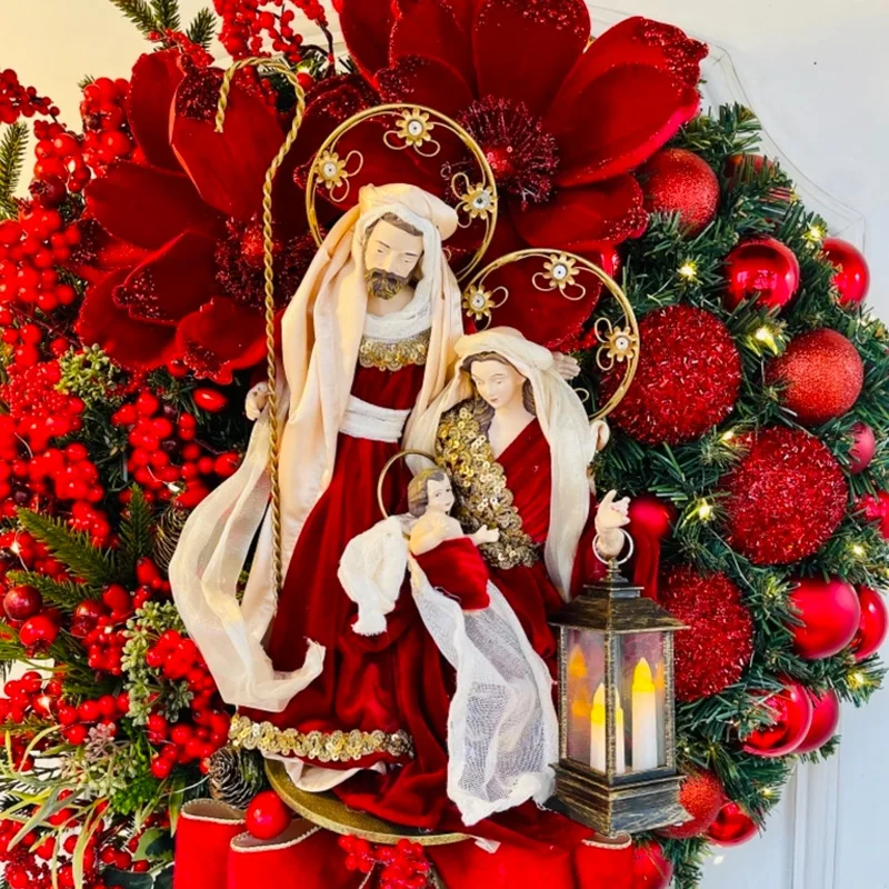 Corona de Navidad sagrada con luces artificiales, adornos colgantes de pared para puerta delantera, decoraci&oacute;n de &aacute;rbol de Feliz Navidad, 40cm-1