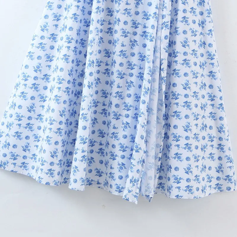 

Alldoke Summer 2021 Vintage Split Long Dress Wonem Bow Square Collar Puff Sleeve Floral Print Sexy Midi Dresses Vestidos Femme