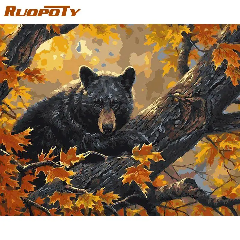 RUOPOTY рамка животное DIY живопись по номерам черный медведь ручная роспись Картина