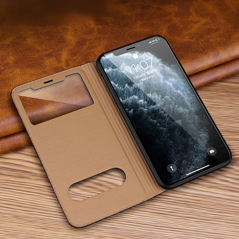 Магнитный чехол из 100% натуральной кожи с окошком для экрана iPhone 13 12 11 Pro MAX X XR XS 7 8