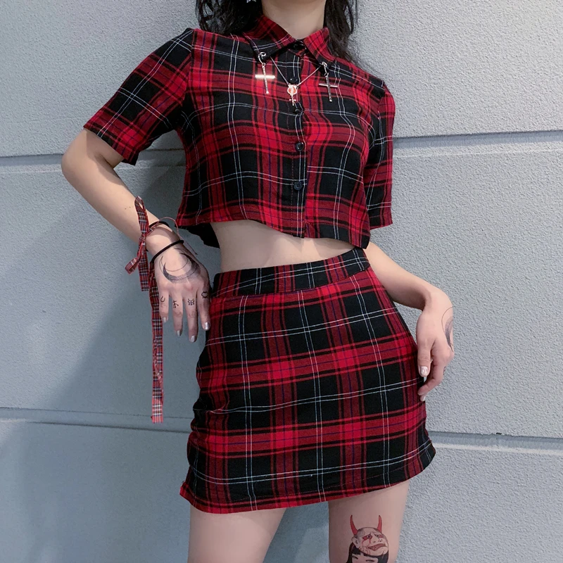 Harajuku клетчатый комплект из 2 предметов женская уличная рубашка укороченный топ мини юбка винтажная модная повседневная Готическая летняя одежда