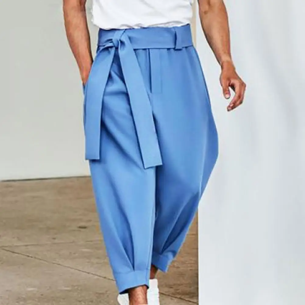 

Брюки мужские однотонные на шнуровке, модные повседневные свободные укороченные штаны с поясом, Новинка осени 2022