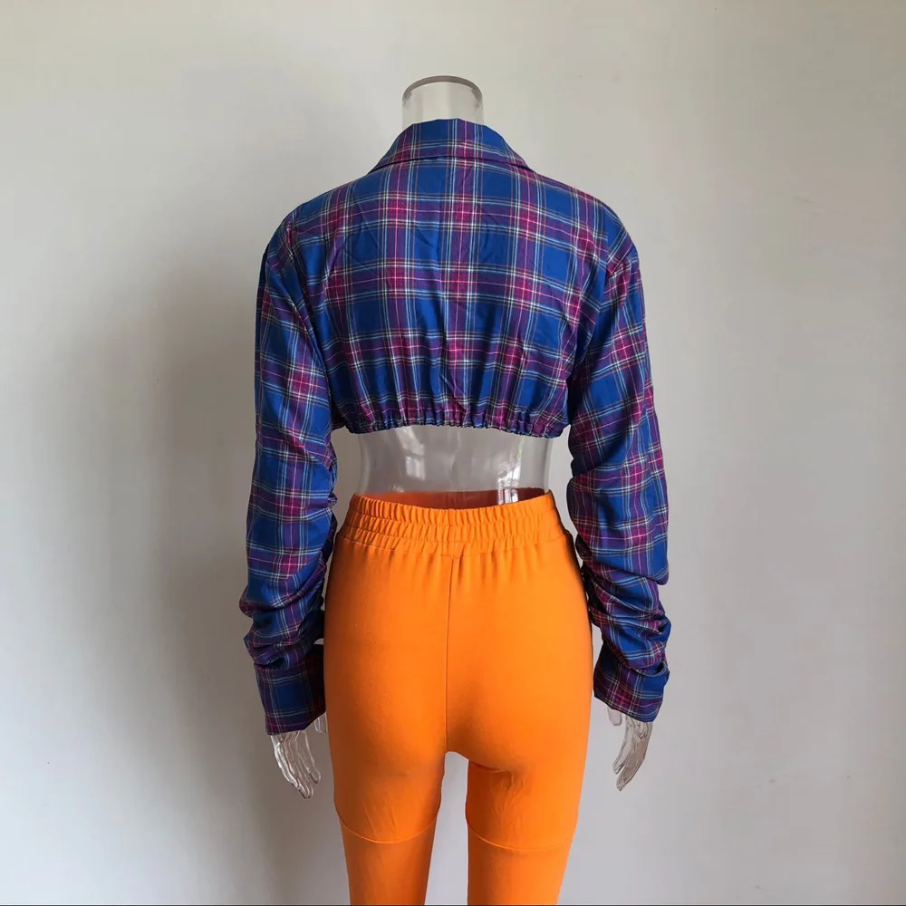 

Women Plaid Shirt Blouse Crop Top Lantern long Sleeve Turn Down Shirts Women Autumn elegant Fall Clothing 2020