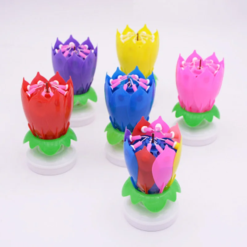 Одноразовая вращающаяся музыкальная Свеча в форме цветка лотоса для торта на