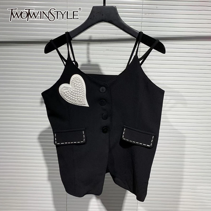 

TWOTWINSTYLE Sexy Black Patchwork Pearl Vests For Women Square Collar Sleeve Korean Slim Camis Females 2021 Summer Fashion Style