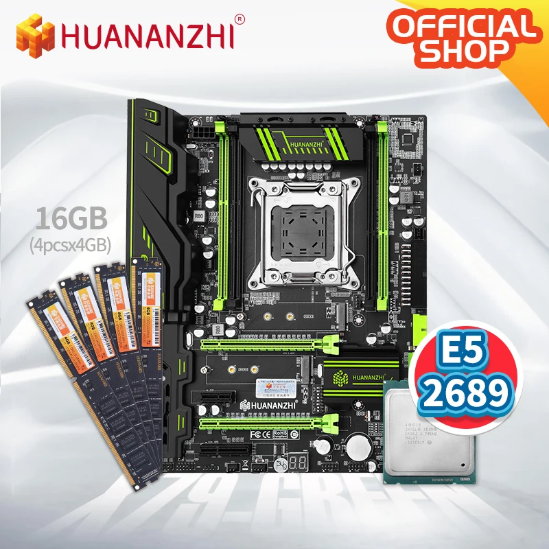 Verkauf HUANANZHI X79 GRÜN X79 Motherboard Mit Intel XEON E5 2689 Mit 4*4G DDR3NON-ECC Speicher Combo Kit Set USB 3,0 SATA PCI-E NVME