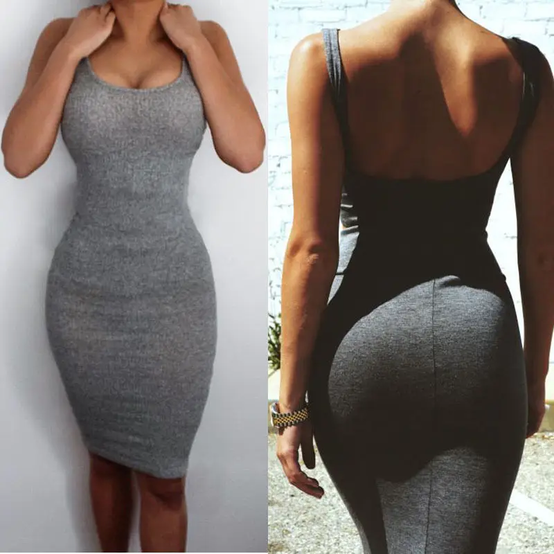 

Bodycon Dress Women Grey Solid Sheath Sleeveless Bandage Slim Split Mini Dress Evening Party 2020 Summer Fashion