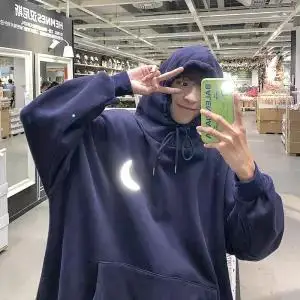 2 Moon Reflective Hoodies Loose Men's Sweatshirt Orange Autumn Winter Sweatshirts Men Streetwear Cool Japan Hoodies Funny Male - Цвет: 2
