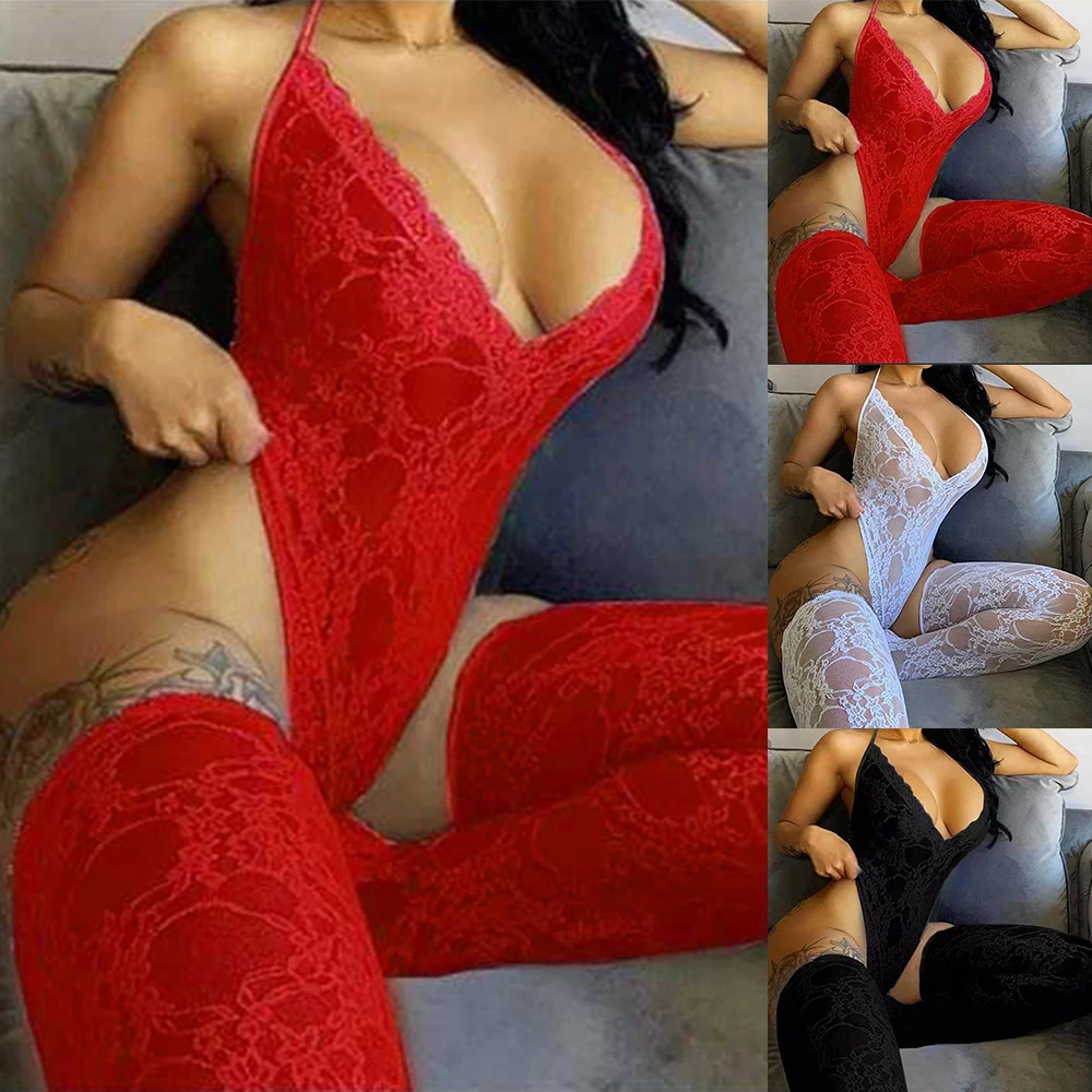 

Women's Lace See-through Sleeveless Skinny Halter Jumpsuit With SocksDeep V Sexy Backless Bodysuit Hot Erotic Underwear D30
