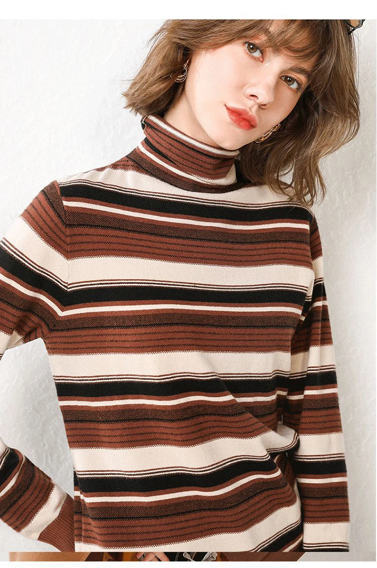 

2020 Cashmere And Turtleneck Long Sleeve Striped Women Pullovers Knitted Sweater Pull Femme Tricot