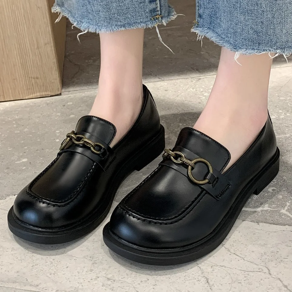 

Summer Retro Women Platform Flat Black Pu Leather Sewing Thick Sole Metal Decoration British Style Ladies Shoes Female Girl 2021