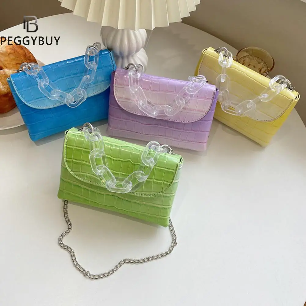 

Fashion Women Stone Pattern Gradient Color Leather Shoulder Crossbody Messenger Bag Casual Ladies Transparent Chain Mini Purse