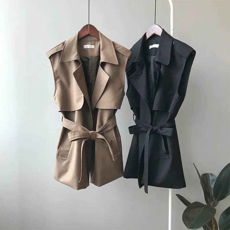

DIMANAF Women Jacket Lapel Coat Sleeveless Vest Belt Basic Office Lady Loose Casual Base Korea Coats Female Elegant Cardigan