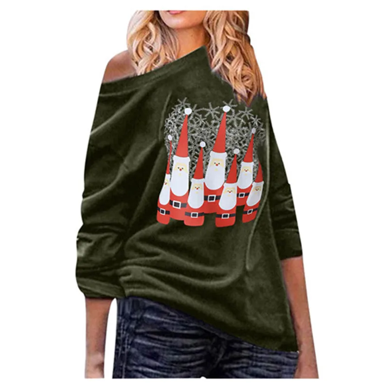 

1PC 2020 Fashion Women T-shirts Ladies Off Shoulder Tee Santa Printed Long Sleeve Top Pullover Ladies T-Shirts Christmas Costume