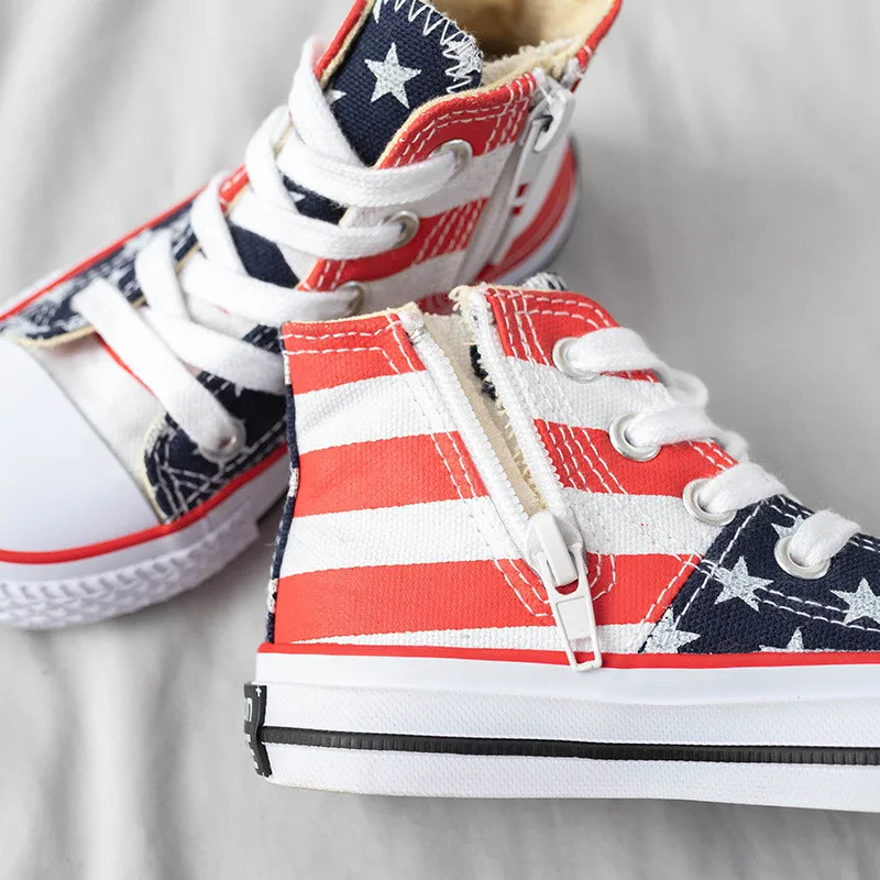 

Children's Canvas Shoes 2021 Spring and Autumn Striped Boys and Girls Shoes Fashion Casual High-top Side Zipper Cloth Shoes