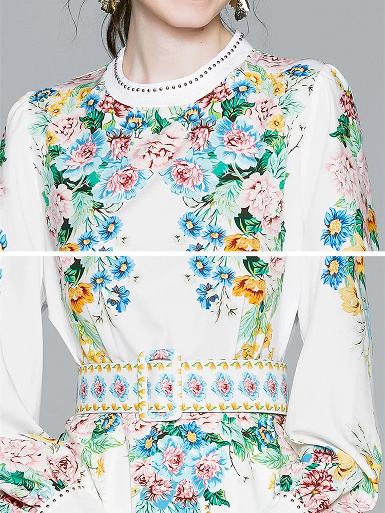 

2020 Autumn Runway Long Lantern Sleeve Rivet Mini Dress Women's Multicolor Floral Print Vintage Elegant Dresses With Belt